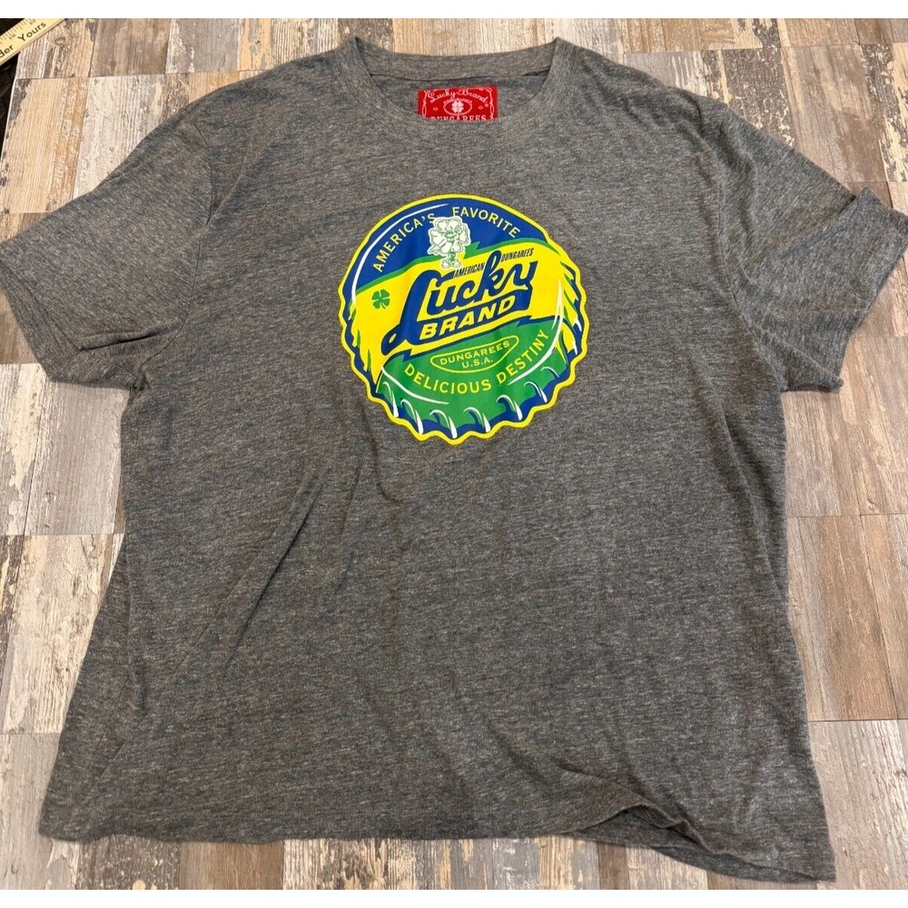 Lucky Brand T-Shirt Short Sleeve Bottle Cap Graphic Tee Gray Mens Size L Casual